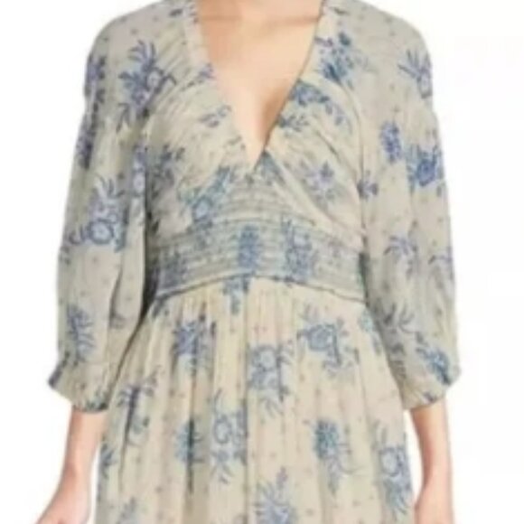 FREE PEOPLE Golden Hour Maxi Dress Floral Ivory Blue Boho Large 🆕📦🏃🏻💨🚚 - Picture 11 of 16